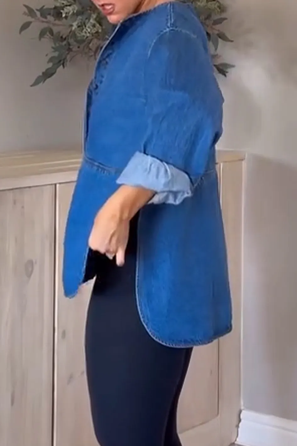 Denim Top And Yoga Pants And Striped Trousers