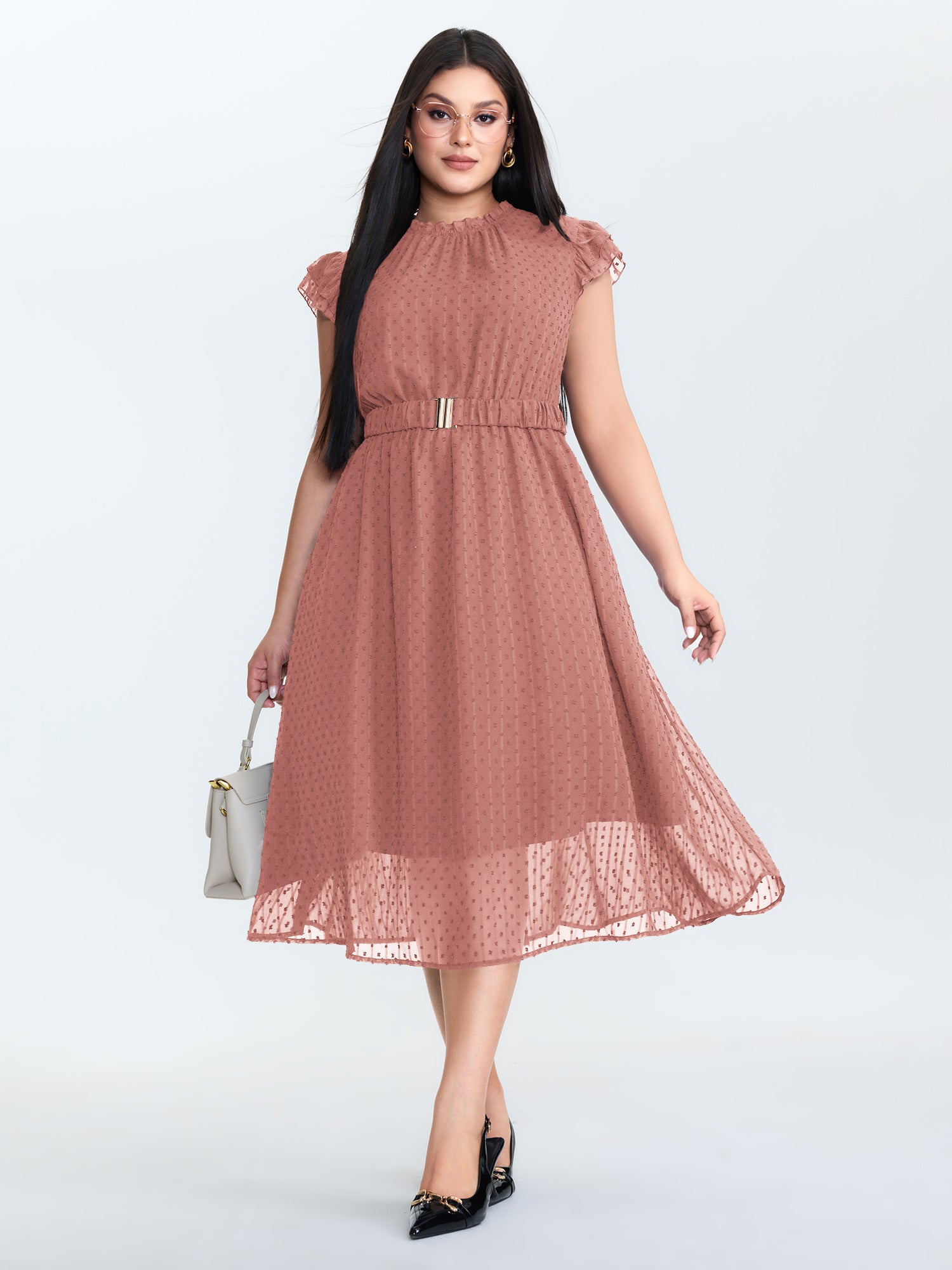 Textured Sheer Ruffled Mock Neckline Midi Dress