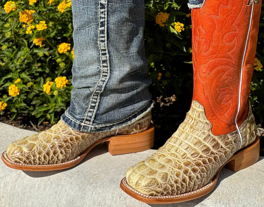Men’s Bone Crocodile Leather Boots With Orange  Shaft