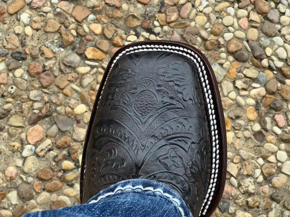 Men’s Dark Brown Hand-Tooled Leather Boots With Red Shaft
