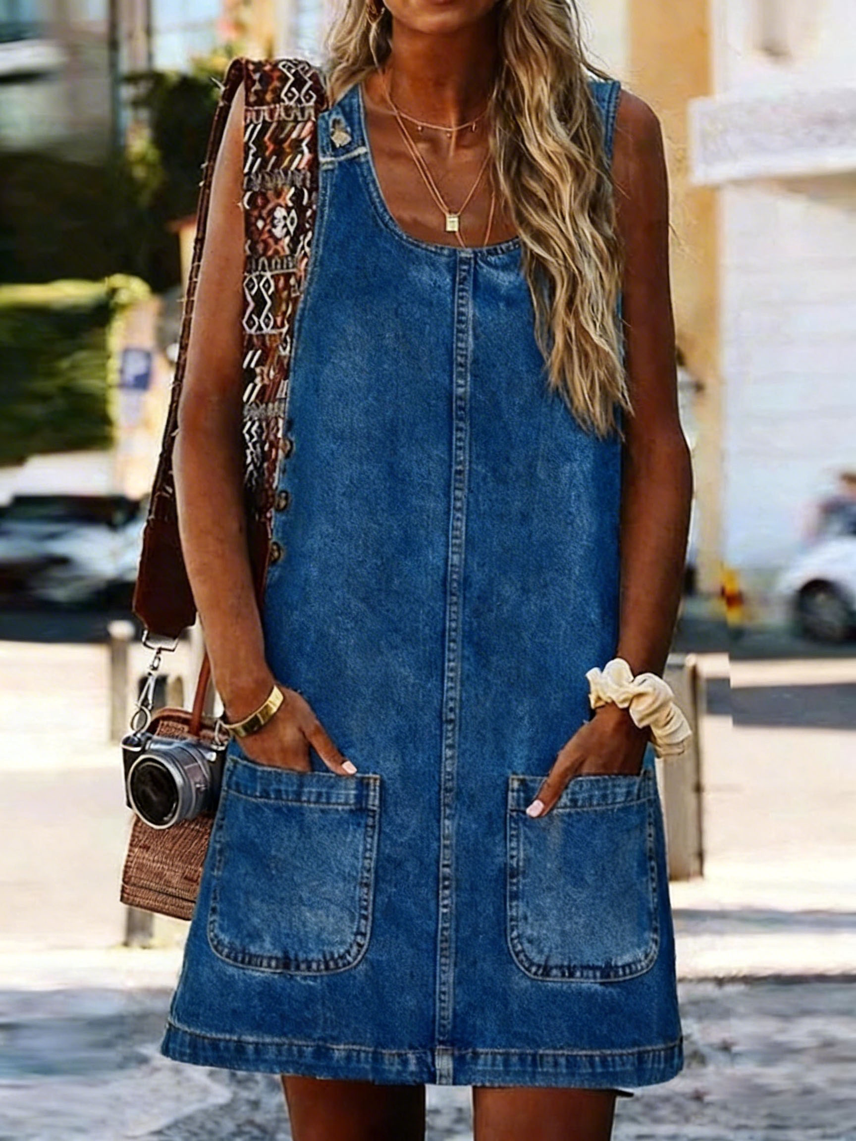 Women's Retro Sleeveless Pocket Casual Denim Dress