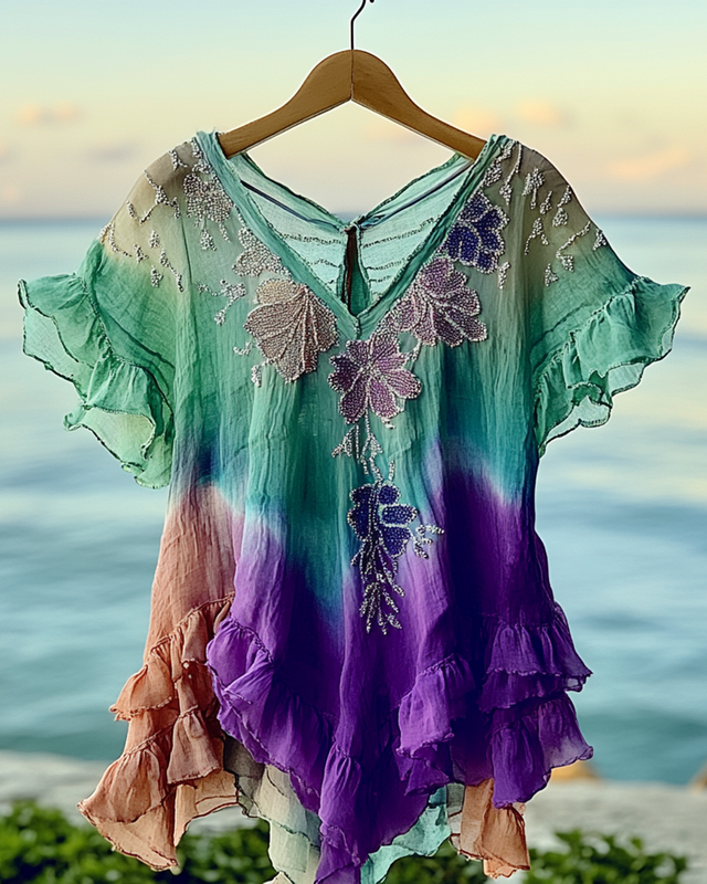 Summer Vacation Floral Embroidery Sequins Beaded Ruffle Top 6b28