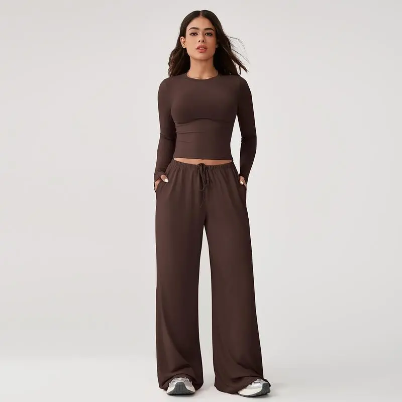 Women's 2-Piece Activewear Set Long-Sleeve Crop Top & Wide-Leg Pants Stretchy Fabric