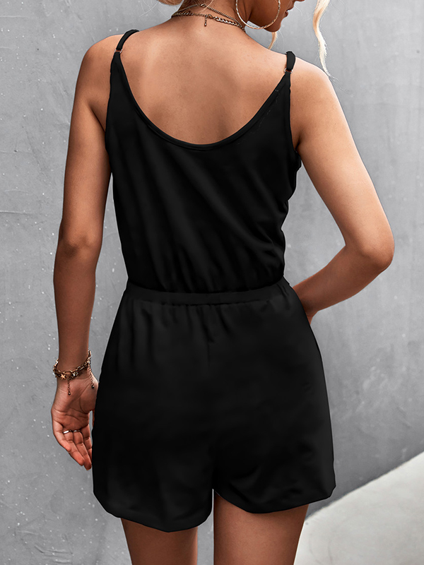 Drawstring Pockets Solid Color High Waisted Loose Spaghetti-Neck Rompers