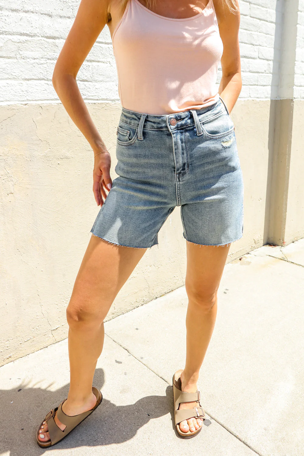 Medium Wash High Rise Side Slit Frayed Shorts