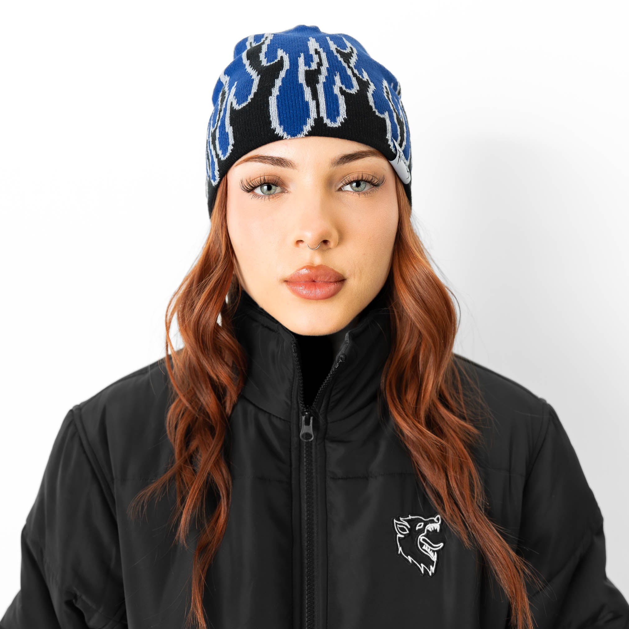 FLAME SKULL CAP BEANIE - BLUE / BLACK
