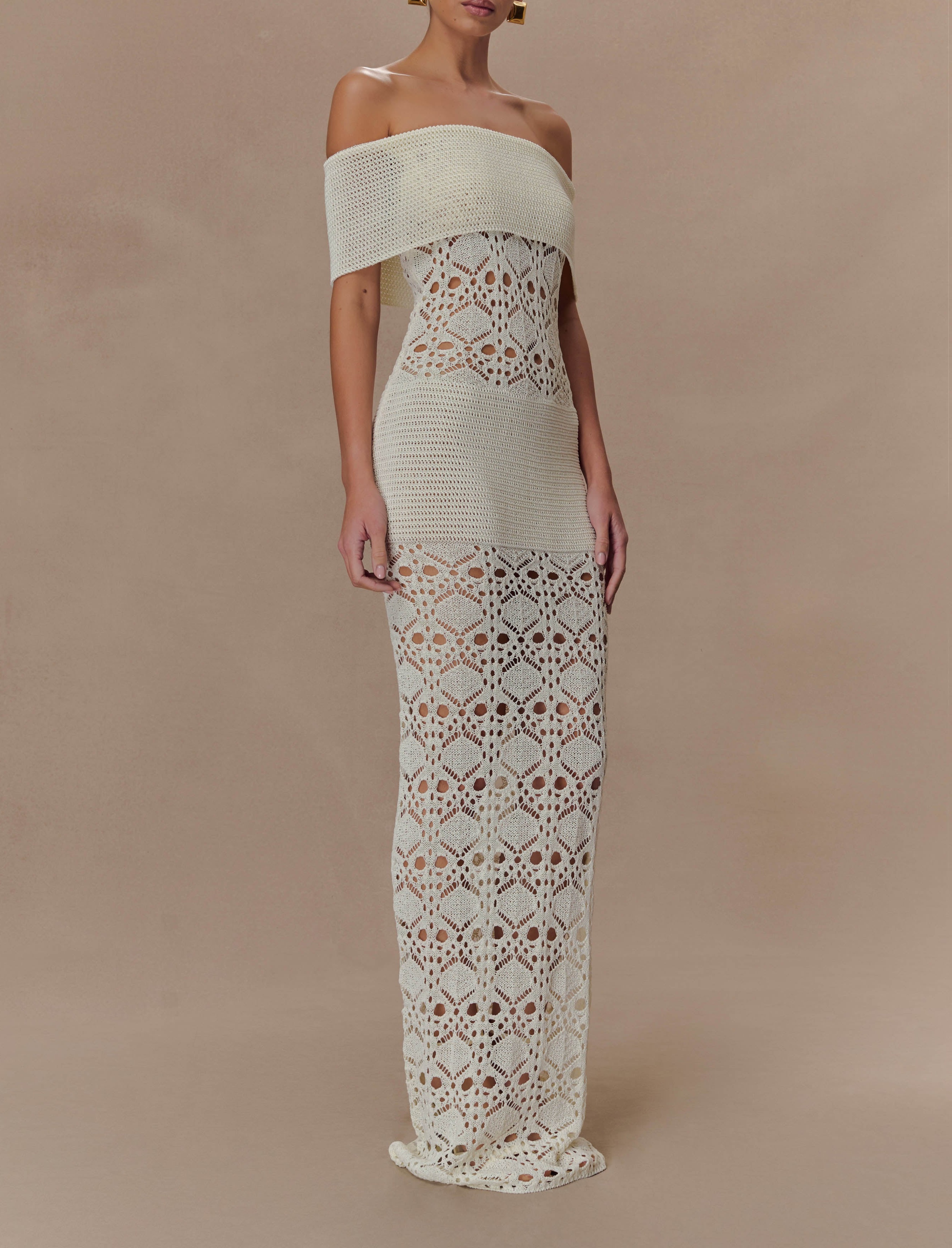 Ivory Off Shoulder Crochet Knit Maxi Dress