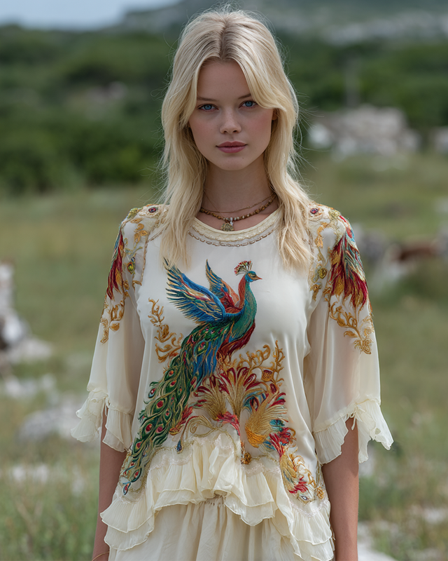 Women's Spring Retro Style Handmade Peacock Embroidered Top 3107