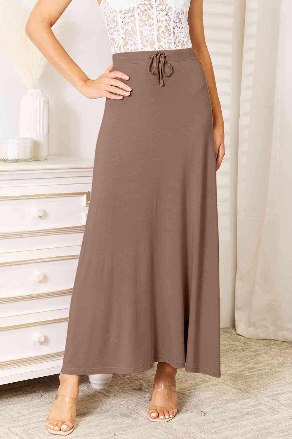 Tea Time Soft Rayon Drawstring Waist Maxi Skirt