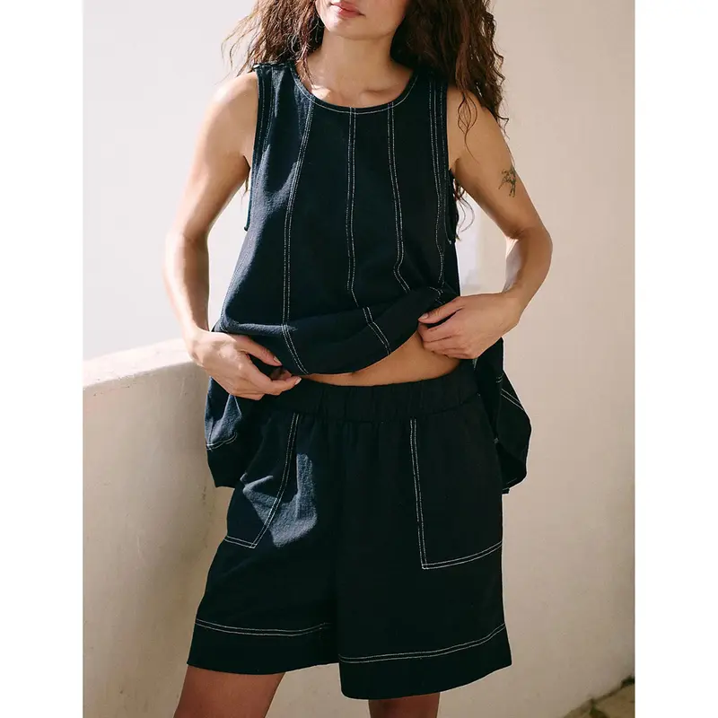 SCUSTY Women's 2-Piece Sleeveless Outfits SetA-Line Tank Tops Paired with High-Waist Shortswith Pockets