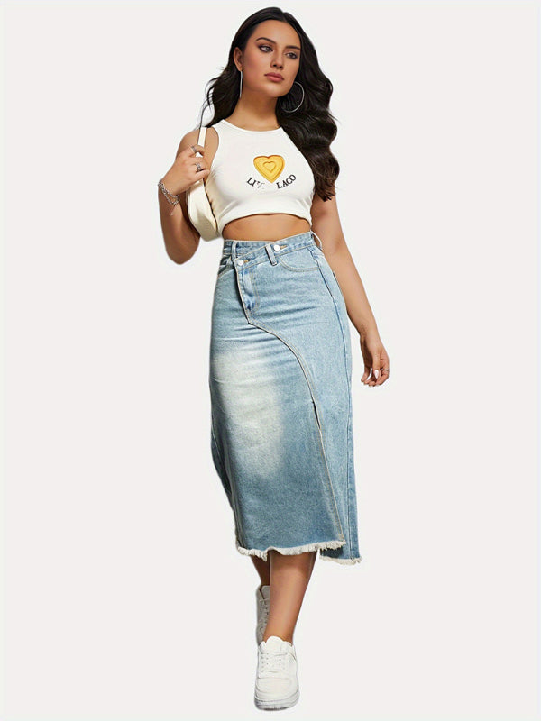Versatile American Retro Denim Slit Splicing Mid-Length A-Line Skirt