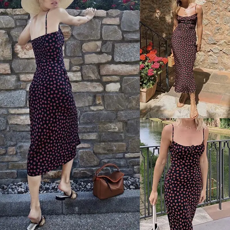 Women's Floral Dress Low-Cut Square Neck Spaghetti Strap Tie Bodycorn Dresses Casual Wear Slip with Adjustable Straps & Elastic Neckline