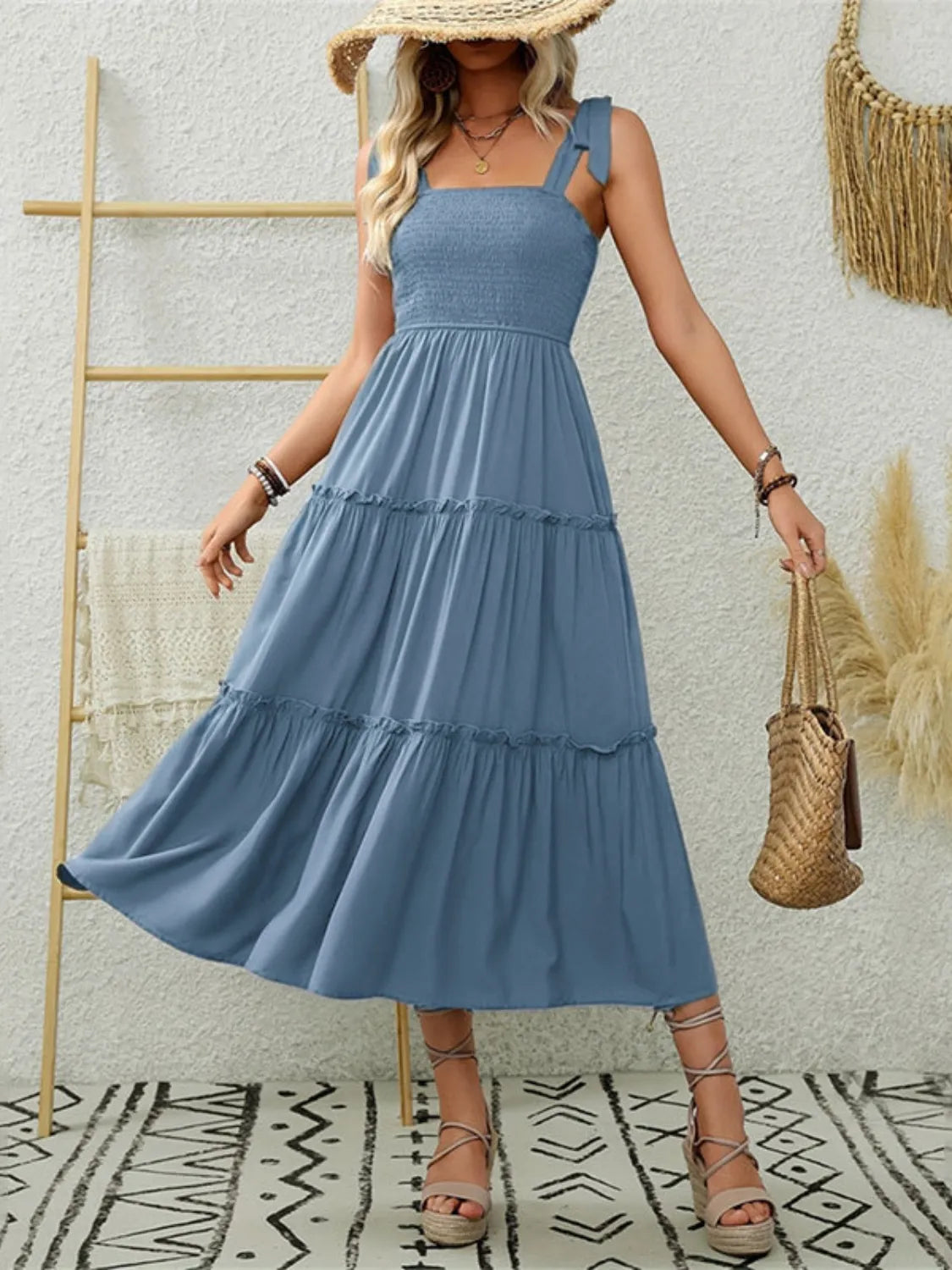 Smocked Tiered Midi Dress with Tie Straps