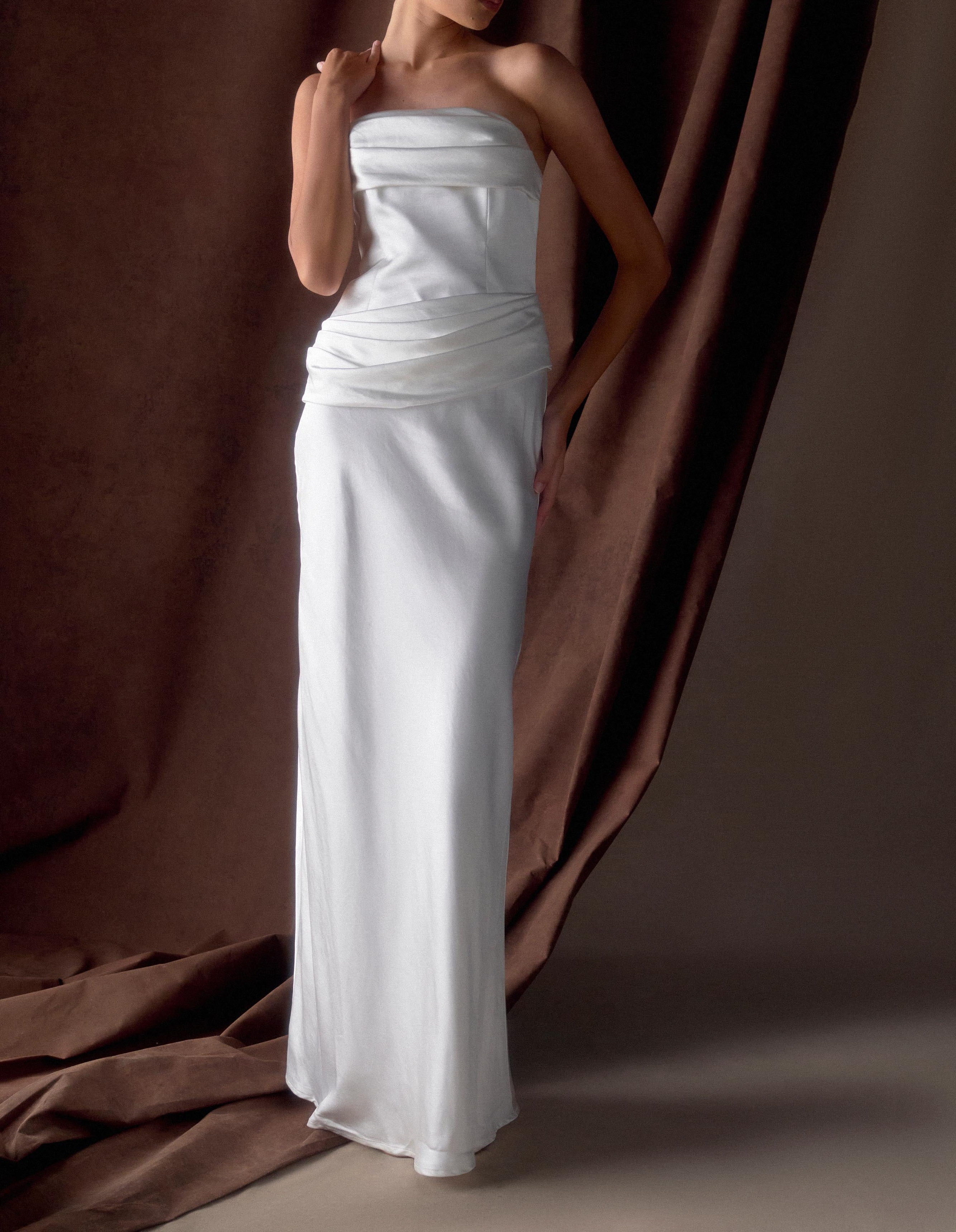 White Strapless Satin Maxi Dress