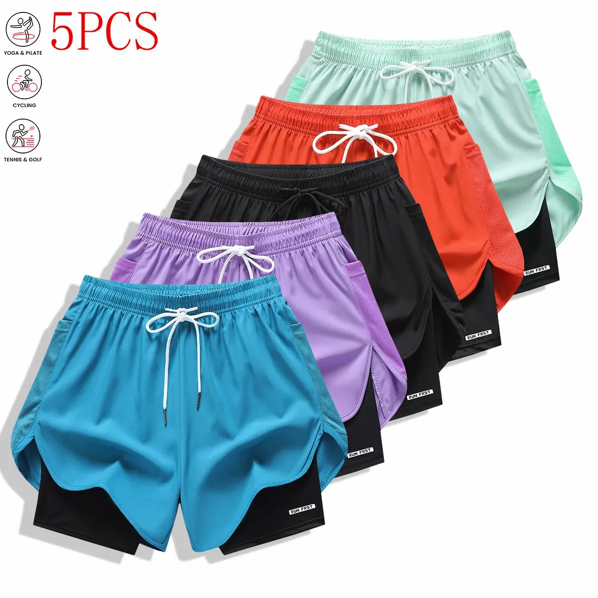 Pack of 5 women’s casual athletic shorts, solid color, faux two-piece design with built-in liner, elastic drawstring waistband, suitable for outdoor fitness, running, sports, and casual wear; women’s shorts