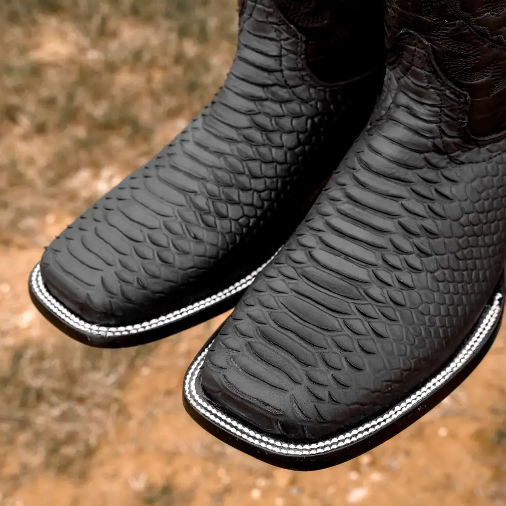 Matte Black Python Leather Boots - Square Toe