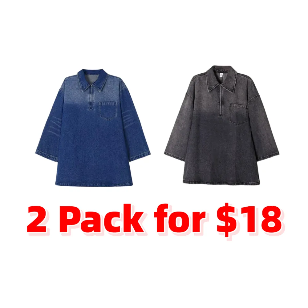 Women's Denim Dress Half-Zip Collared Vintage Washed Blue Loose Fit Long Sleeve