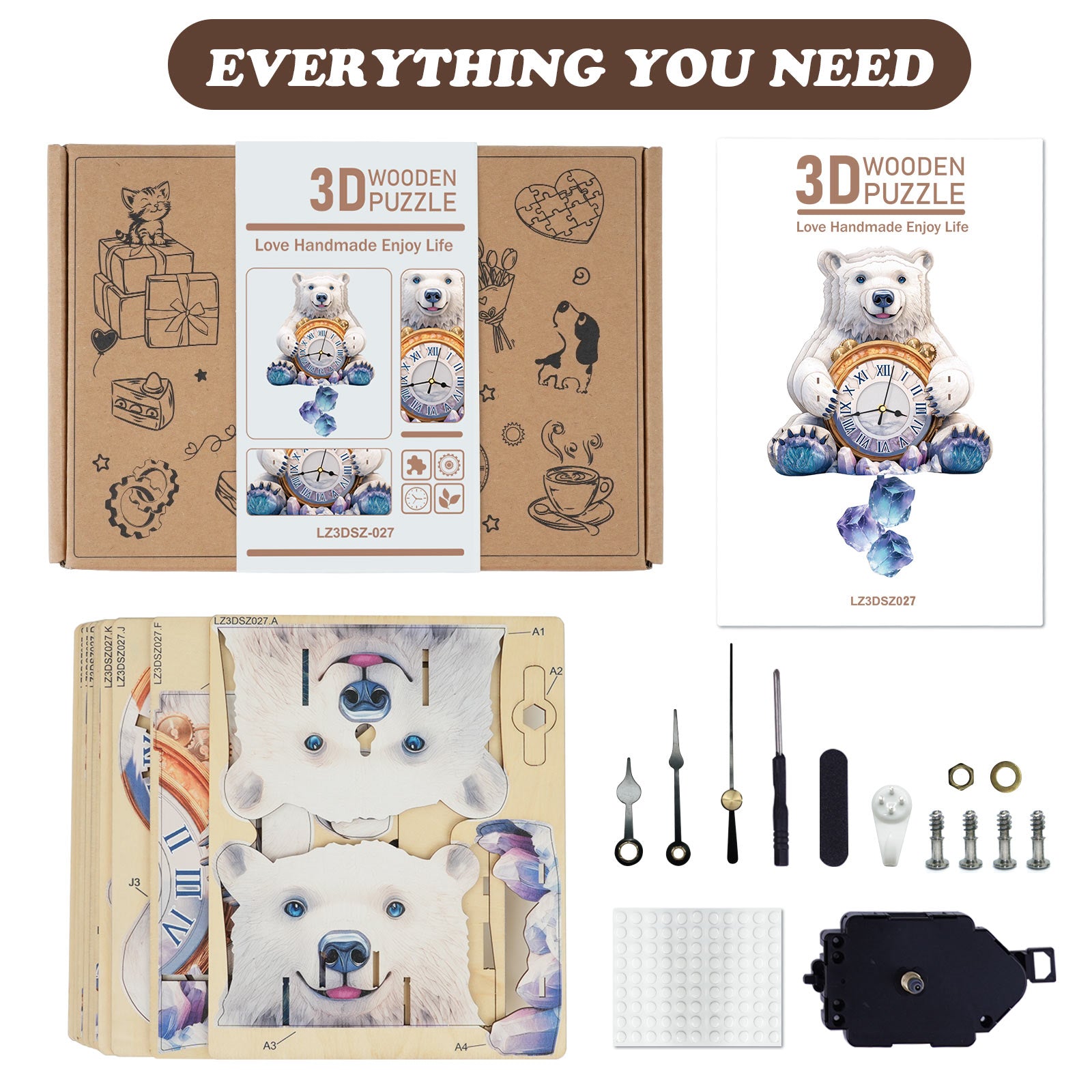 Polar bearsâ€“ DIY Wooden Clock, 3D Puzzle Craft Kit