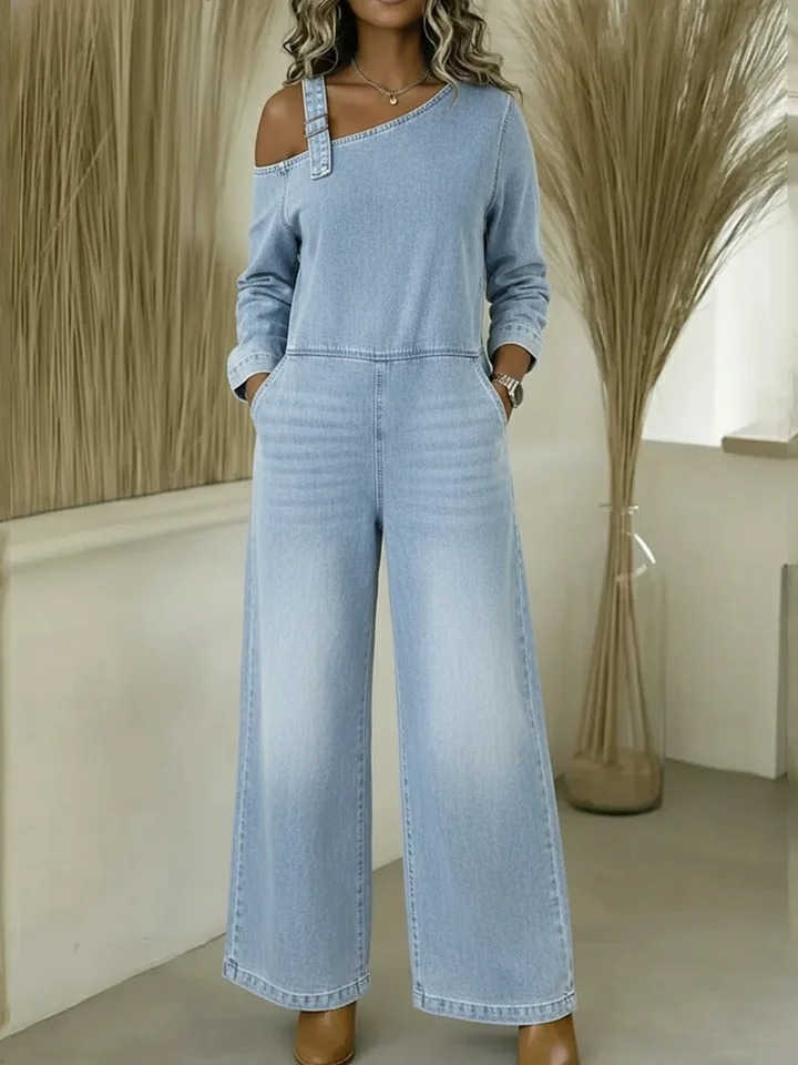 Women's Fashionable Off-the-shoulder Denim Jumpsuit
