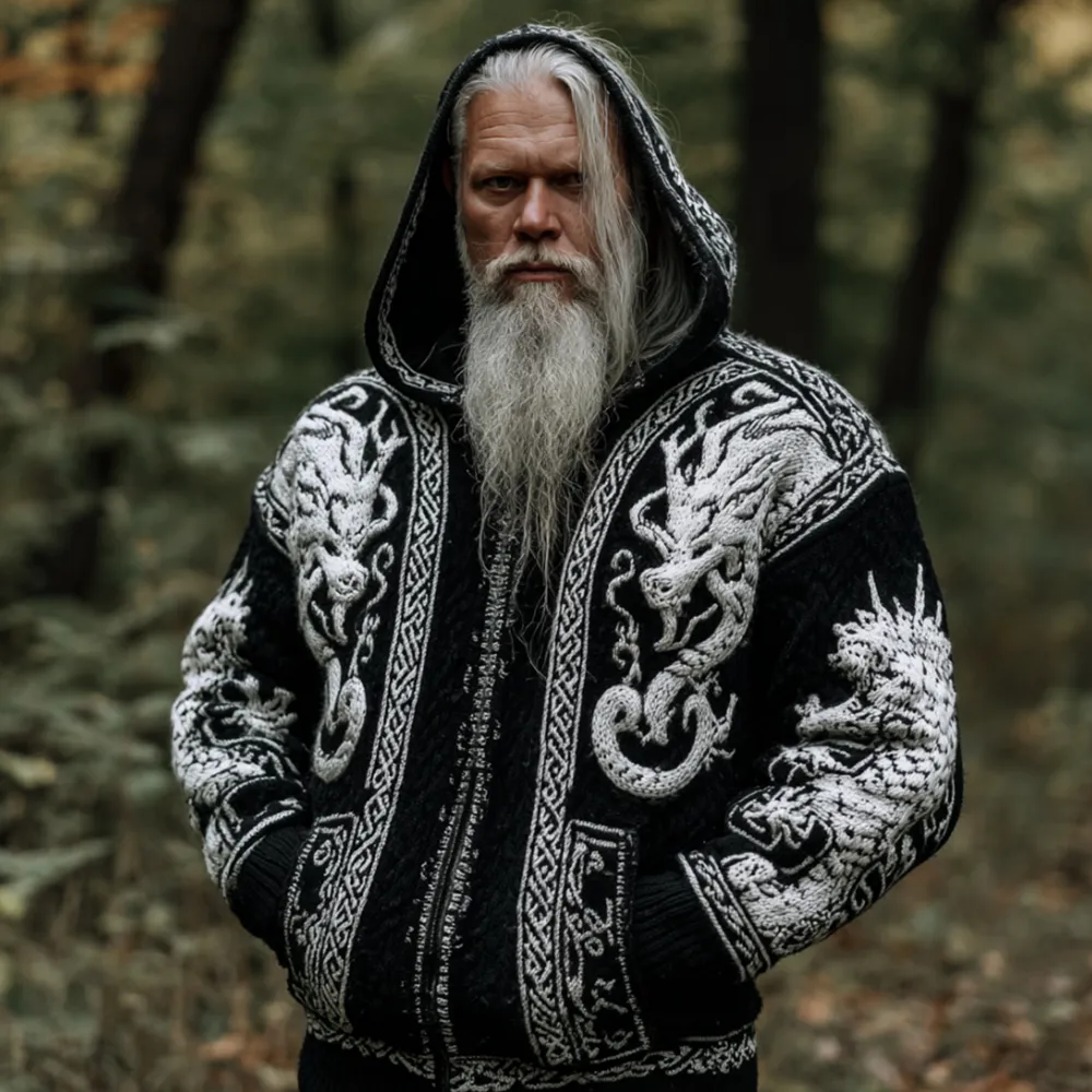 Men's Viking Style Double Dragon Mythology Hooded Cardigan Sweater