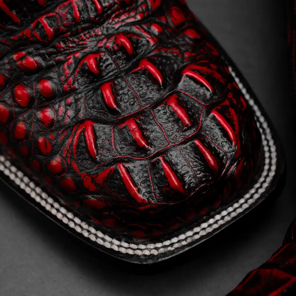 Black/Red Caiman Neck Leather Boots - Square Toe