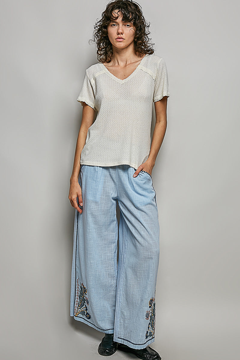 POL Lace Detail V-Neck Short Sleeve Textured T-Shirt