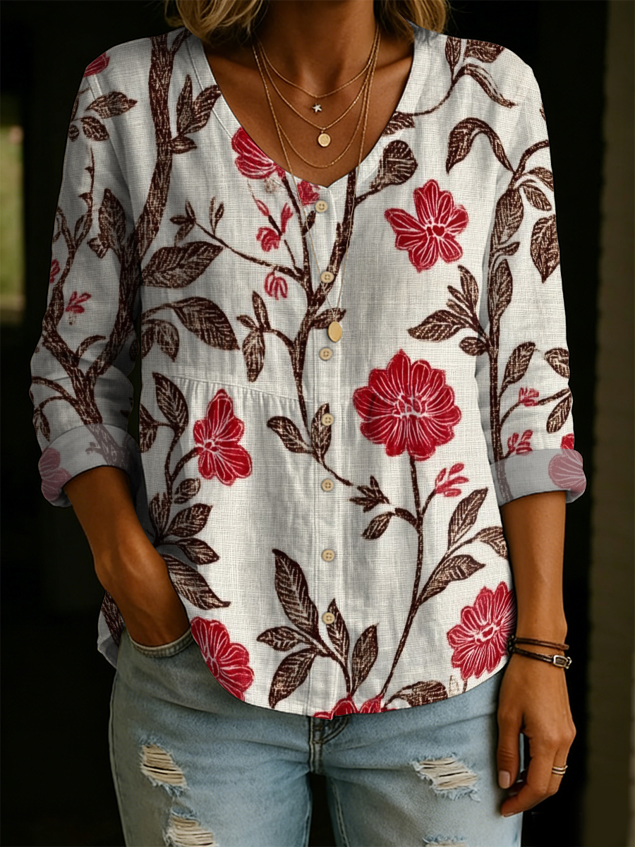 Women's Elegant Floral Decorative Pattern Linen And Cotton Shirt