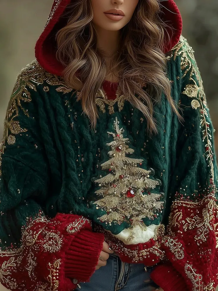 Women's Gold Christmas Tree Knit Hooded Sweater
