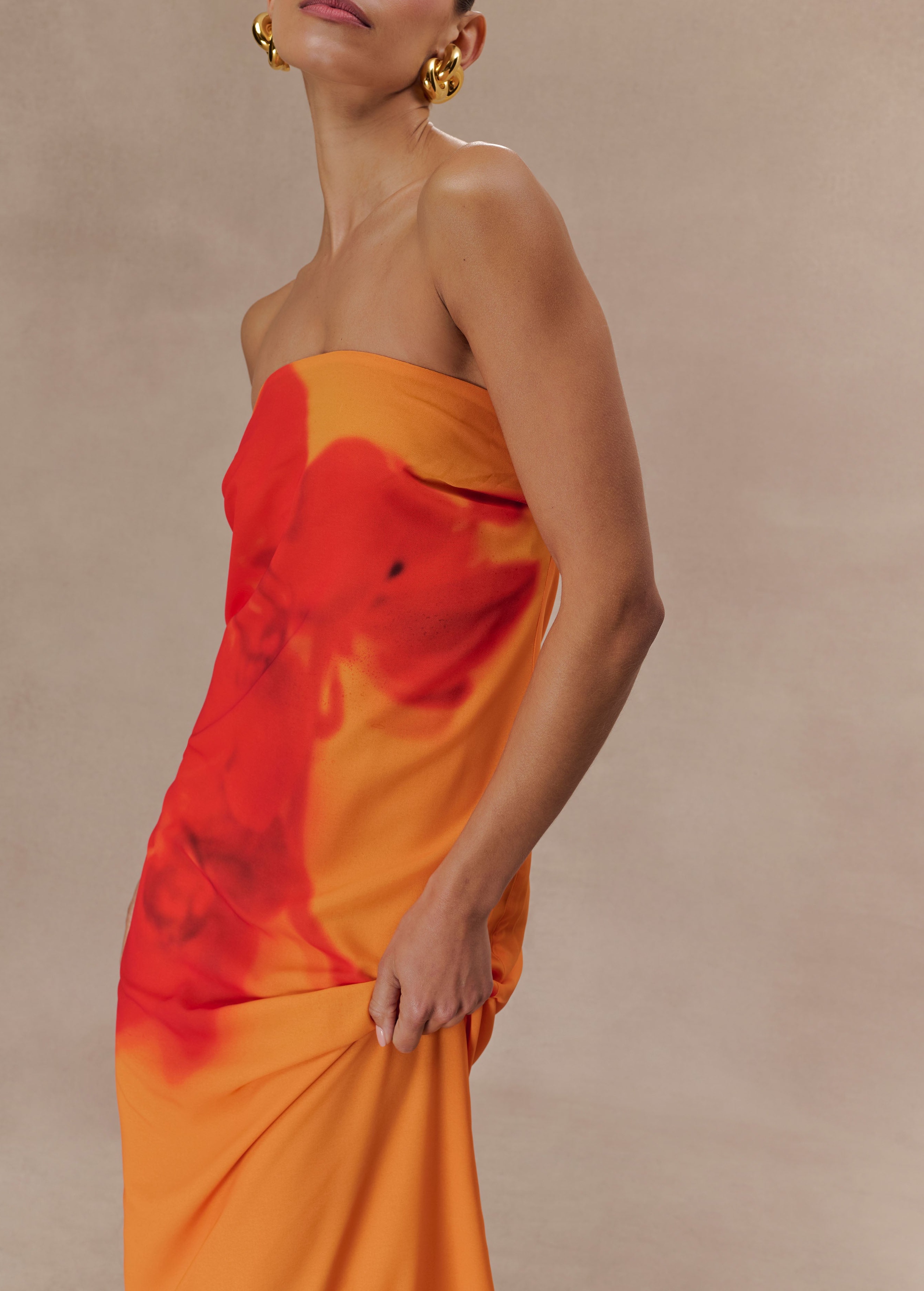 Print Strapless Chiffon Maxi Dress