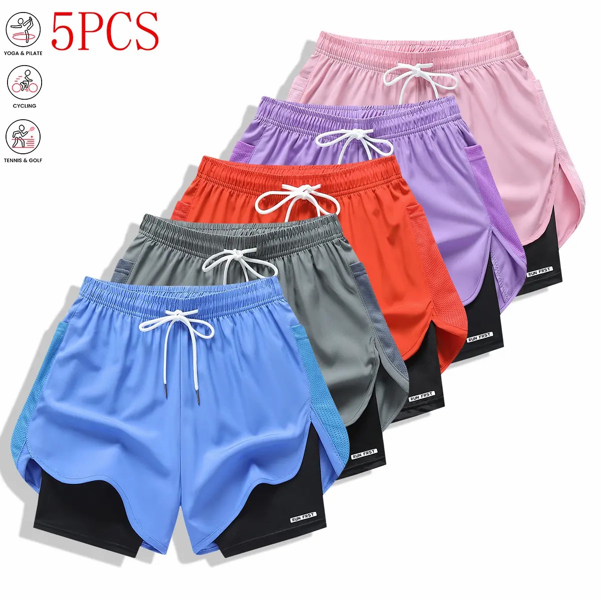 Pack of 5 women’s casual athletic shorts, solid color, faux two-piece design with built-in liner, elastic drawstring waistband, suitable for outdoor fitness, running, sports, and casual wear; women’s shorts