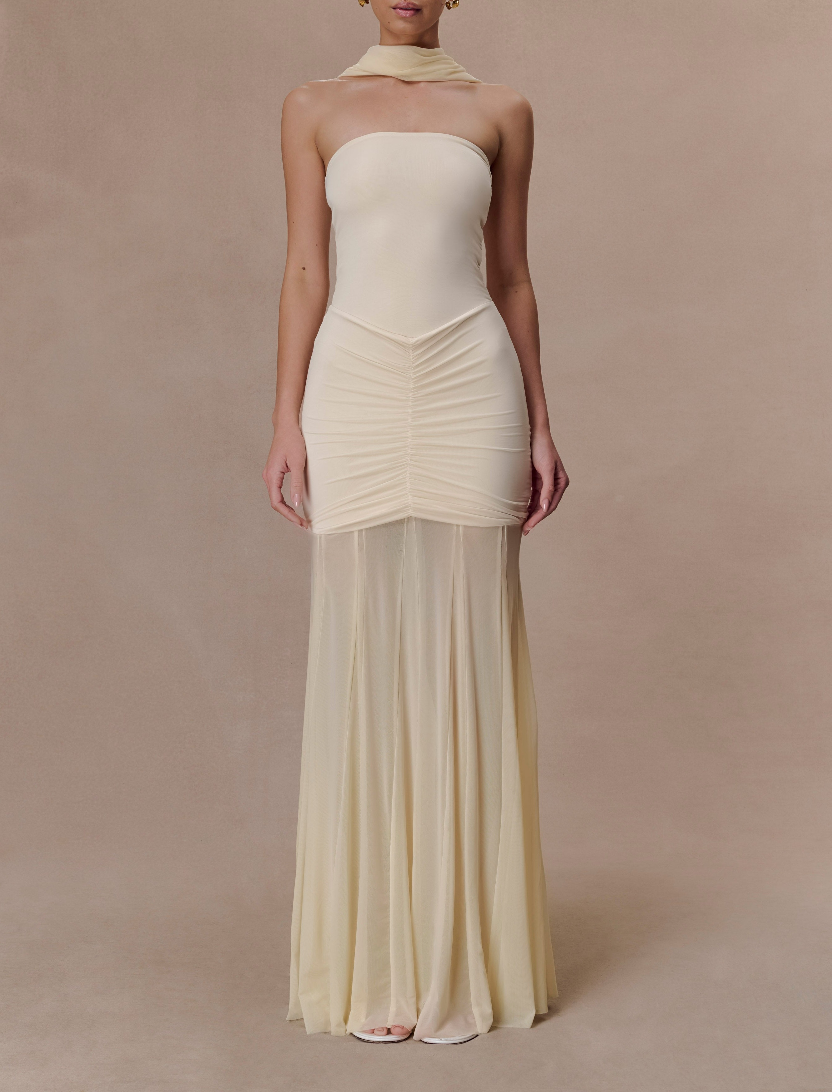 Ivory Slinky And Mesh Off Shoulder Maxi Dress