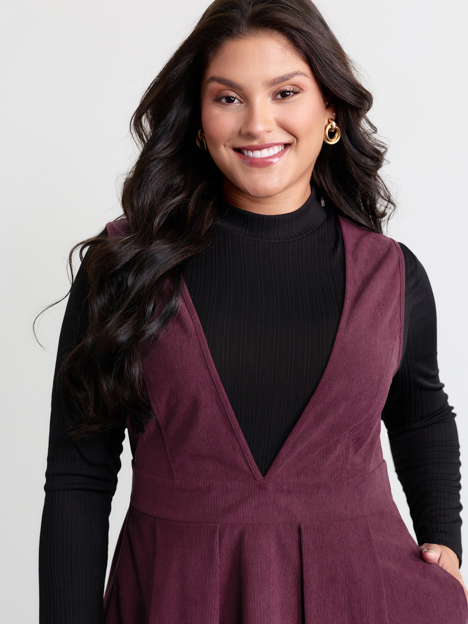 Corduroy Stretchy Waist V-Neck Mini Dress