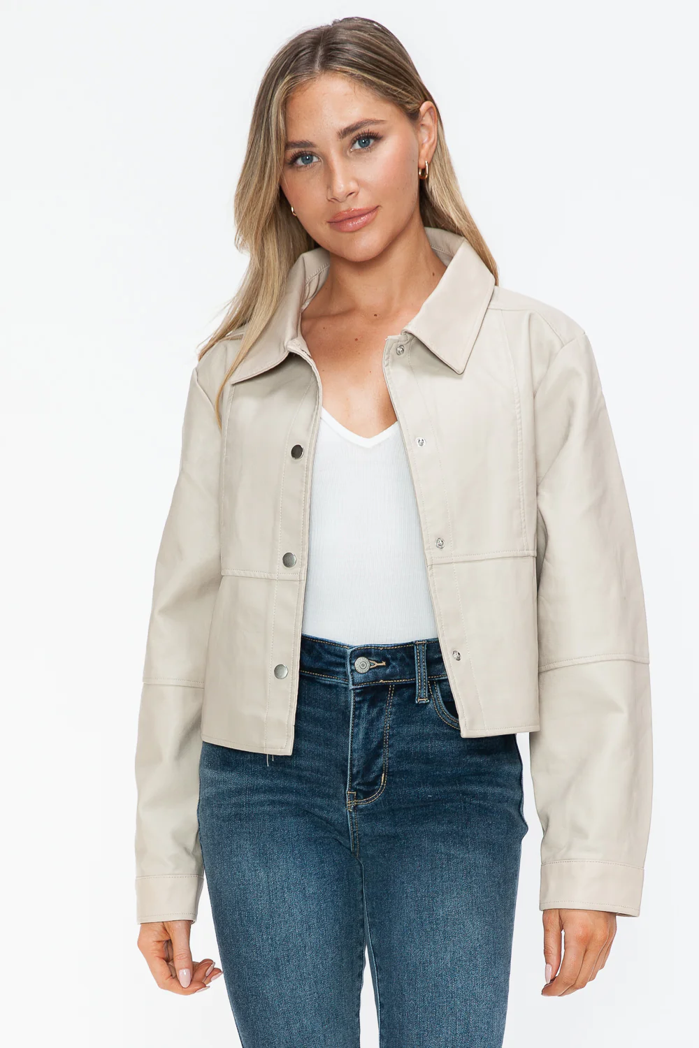 Snap Down Long Sleeve PU Leather Jacket