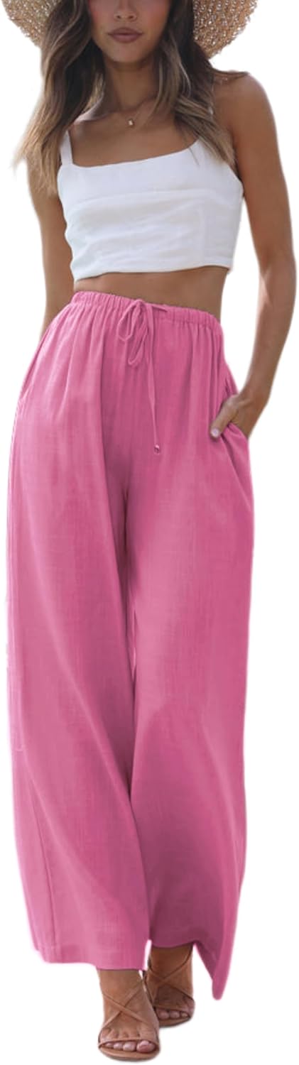Faleave Women's Cotton Linen Summer Palazzo Pants Flowy Wide Leg Beach Trousers with Pockets