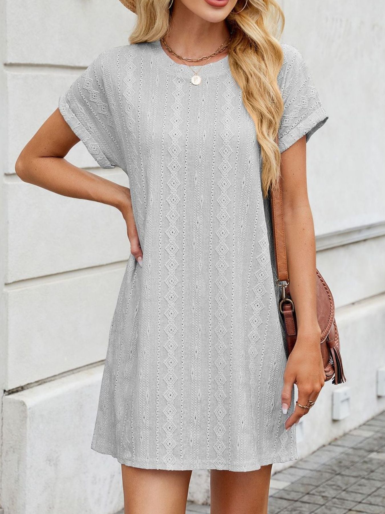 Eyelet Round Neck Casual Mini Dress