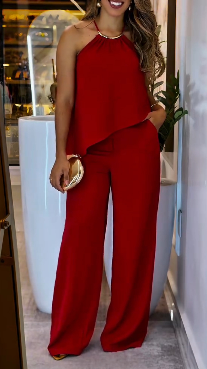 Women Neck Hanging Irregular Top + Pants Casual Suit