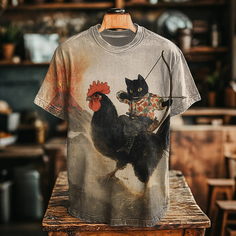 Men's Retro Black Cat Archer And Chicken Print Casual T-shirt