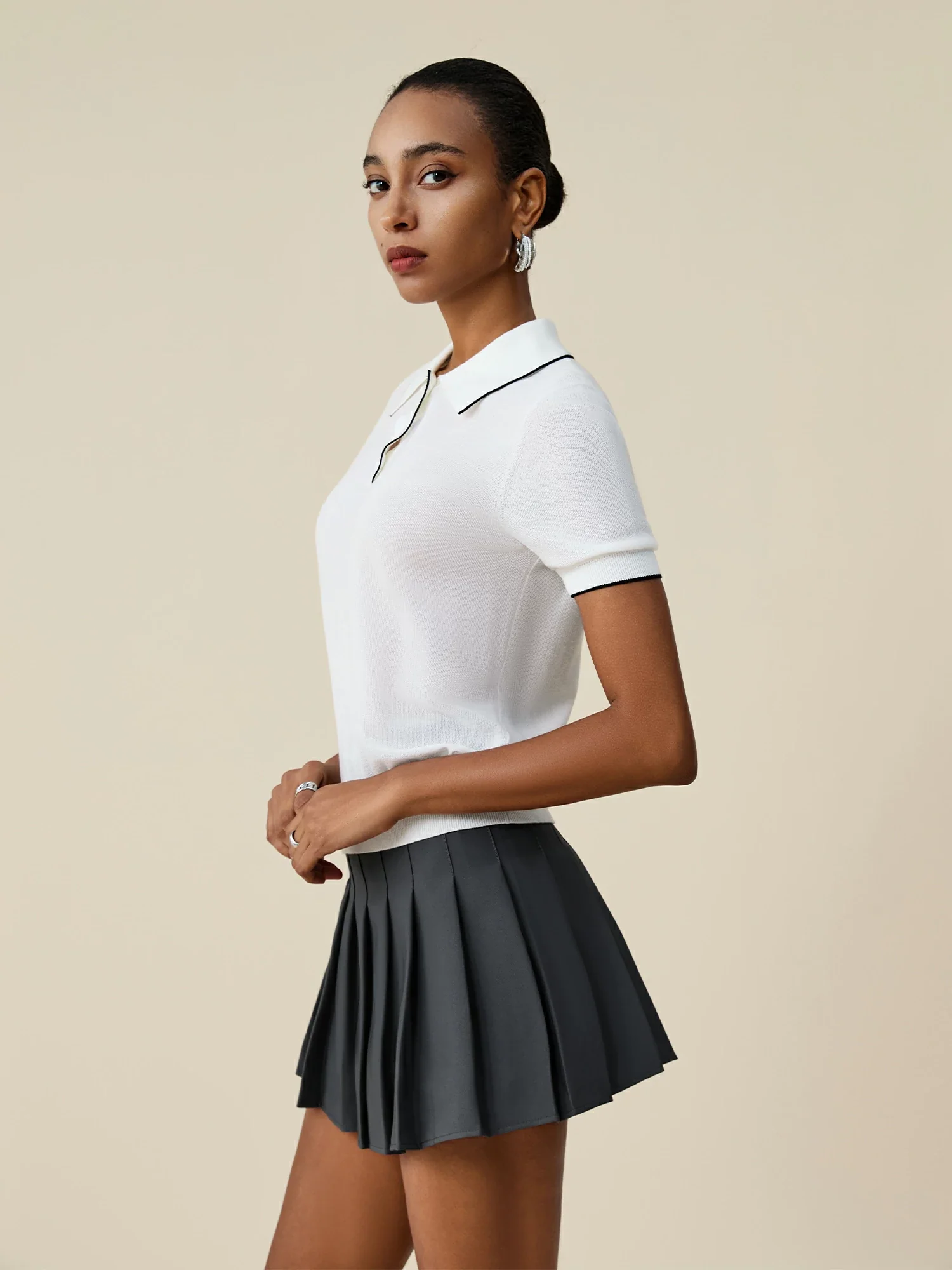Cotton & Linen Polo Collar Short Sleeve Contrast Top