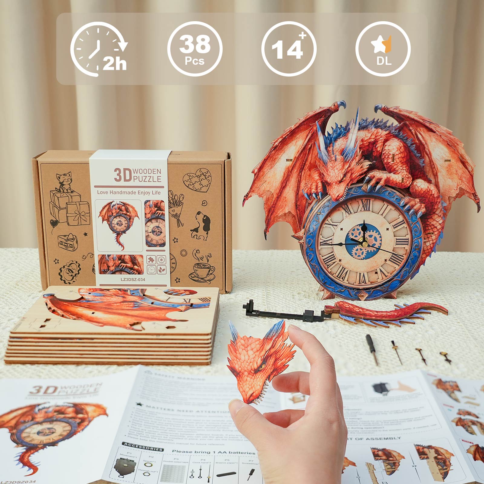 Flame Dragonâ€“ DIY Wooden Clock, 3D Puzzle Craft Kit