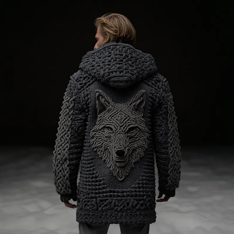 Men's Viking Style Celtic Knot Wolf Head Mid-length Cardigan Sweater