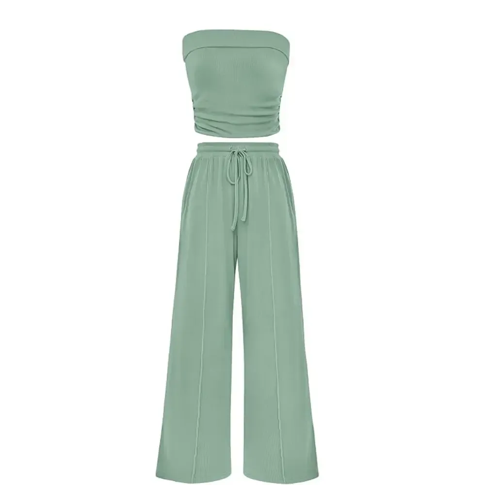 Womens Summer Outfits 2 Piece Sets Casual Ribbed Knit Crop Tube Top Wide Leg Pants
