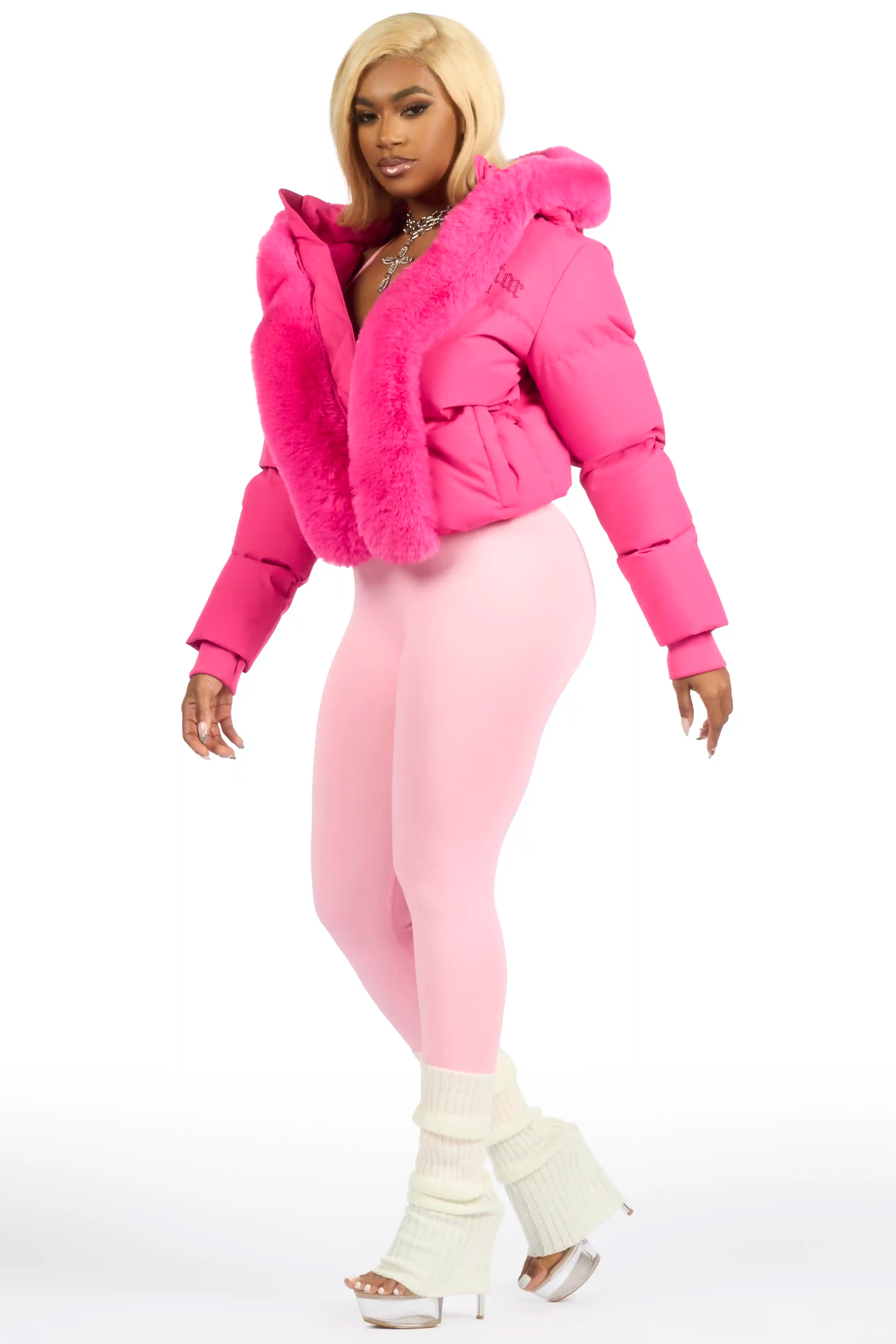 Dontaisha Hot Pink Puffer Jacket With Fur Trim