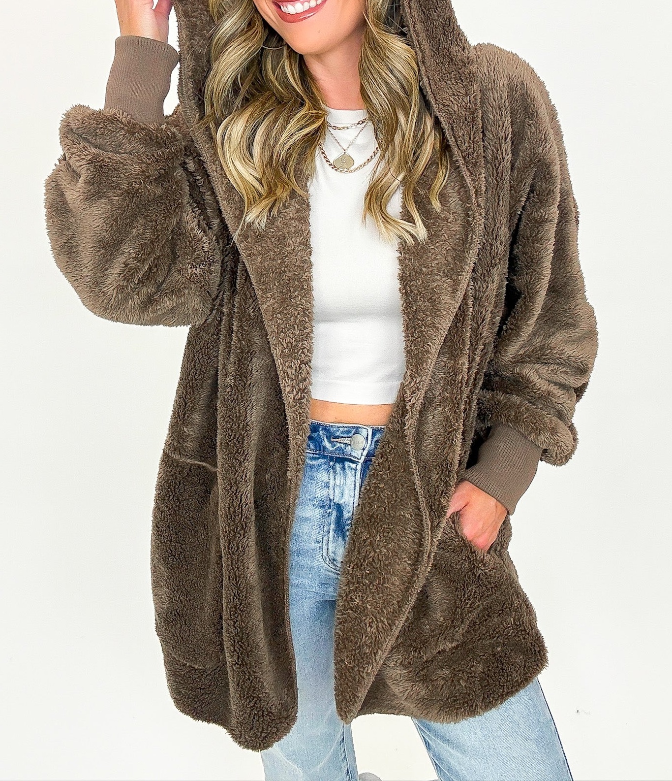 Cozy Crest Hooded Faux Fur Jacket