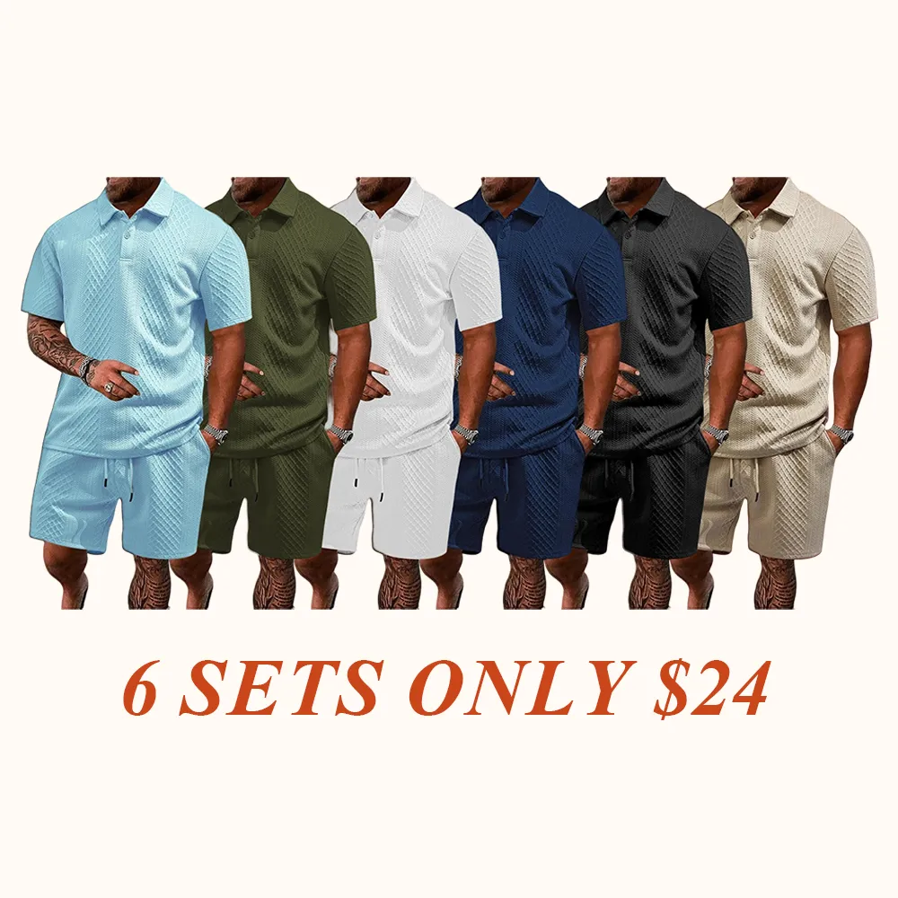 🔥Men's Solid Polo Shirt & Drawstring Waist Shorts Set, Cozy Breathable Two-piece Outfits for Daily Outdoor Wear, Men Clothes for Summer