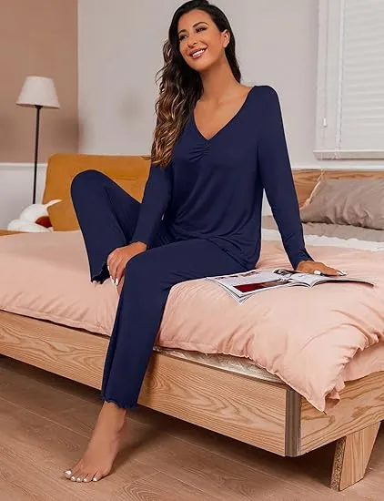Women's V-neck long-sleeved top + trousers casual two-piece set