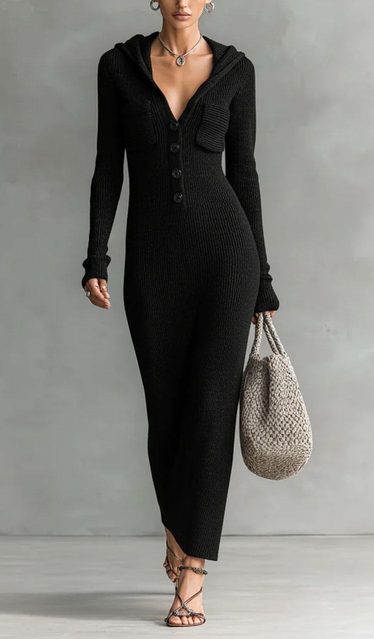 Women Hooded Half Breasted Elegant Casual Dress