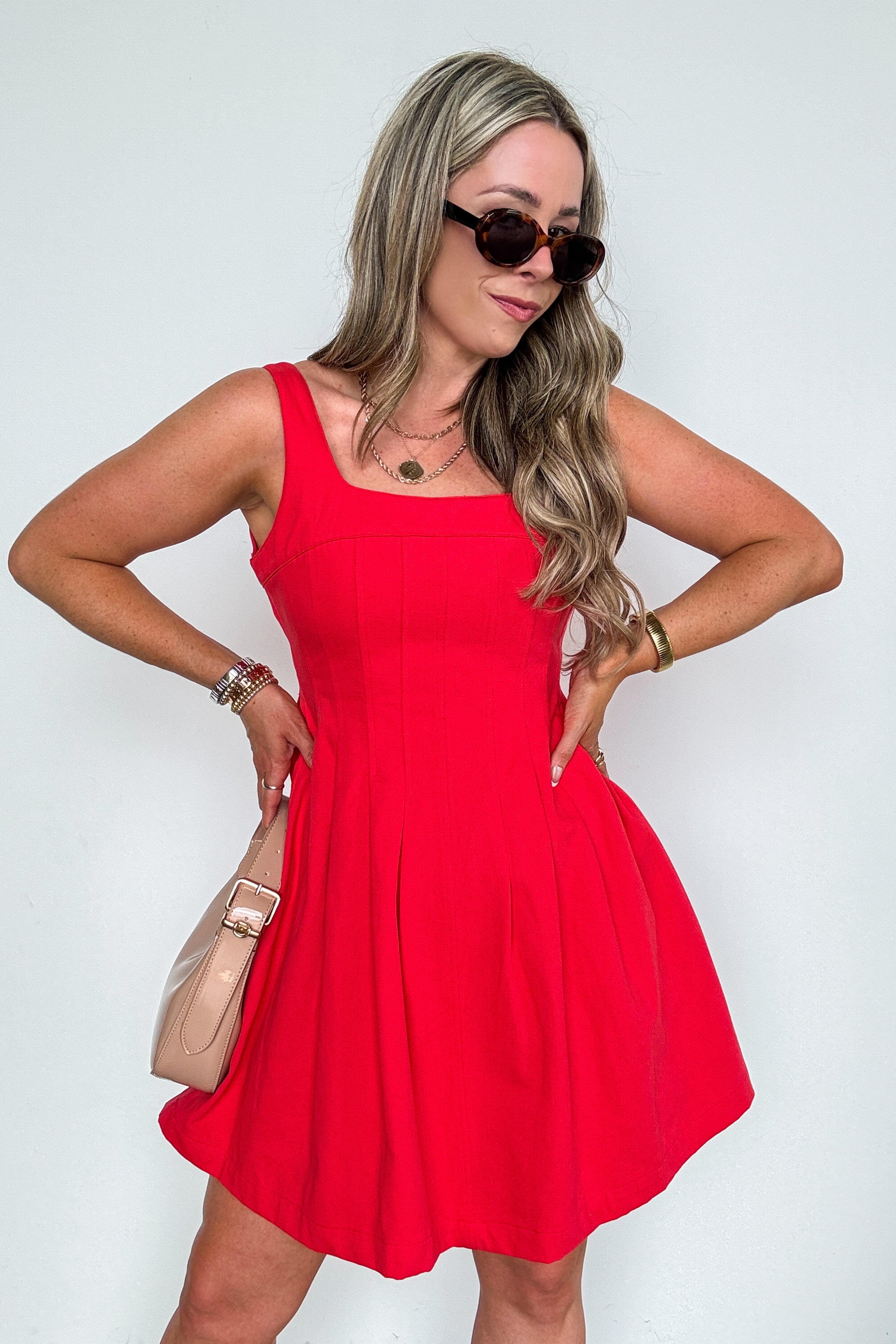 Fit And Flare Pleated Detail Sleeveless Dress