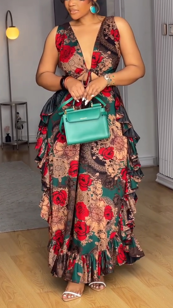 Ladies' V-neck Printed Hollow Irregular Temperament Elegant Dress