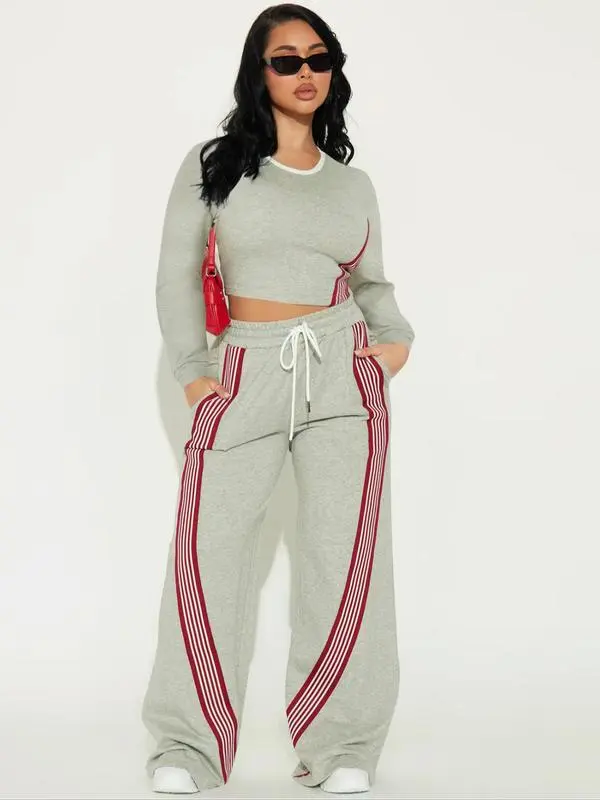 Women Casual Long Sleeve Top and Side Stripe Sports Pants Set