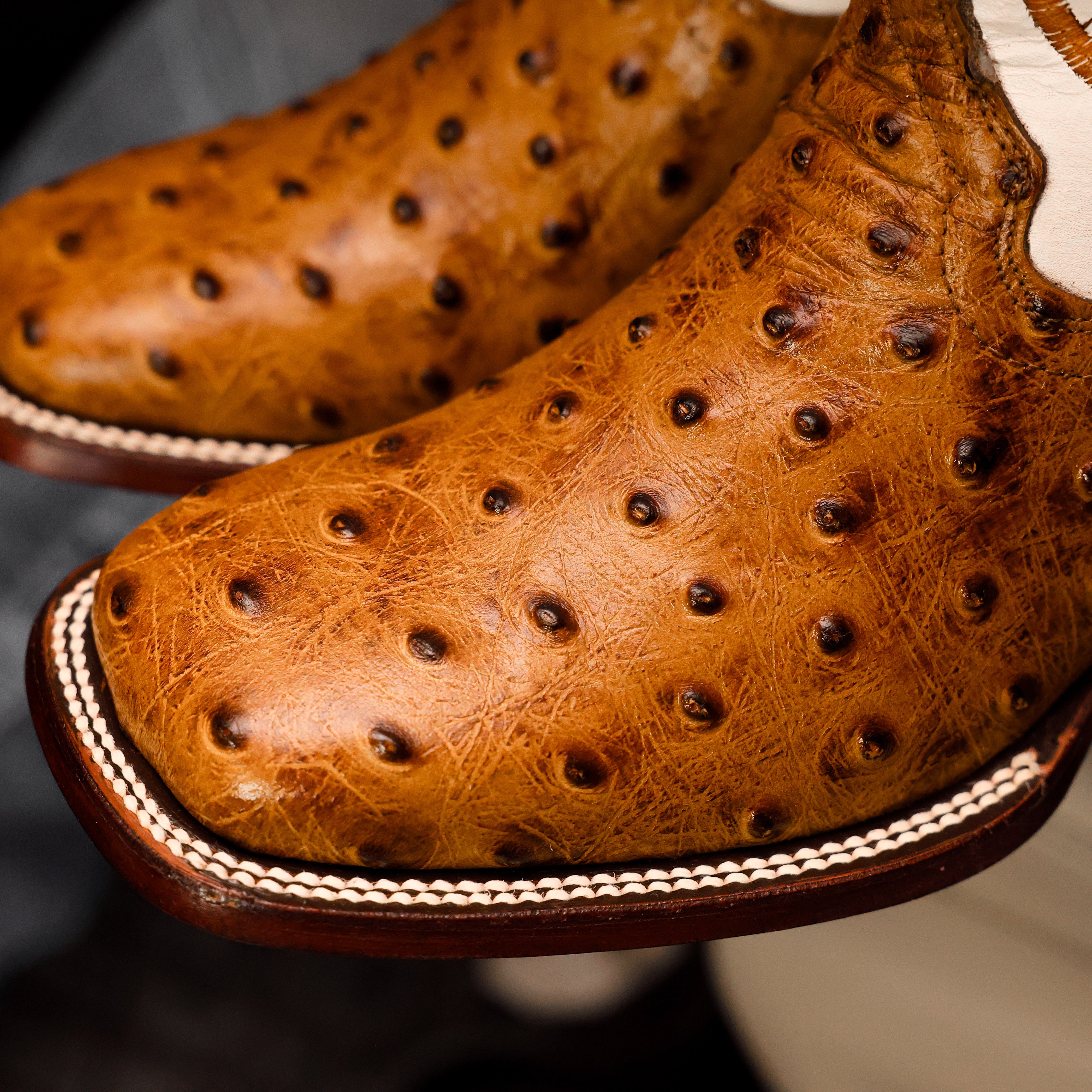 Honey Ostrich Leather Boots - Square Toe